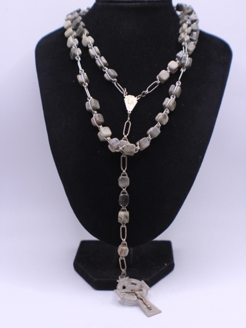 Vintage Catholic Rosary Irish Connemara Gray Tone Marble Cube Beads Celtic Cross